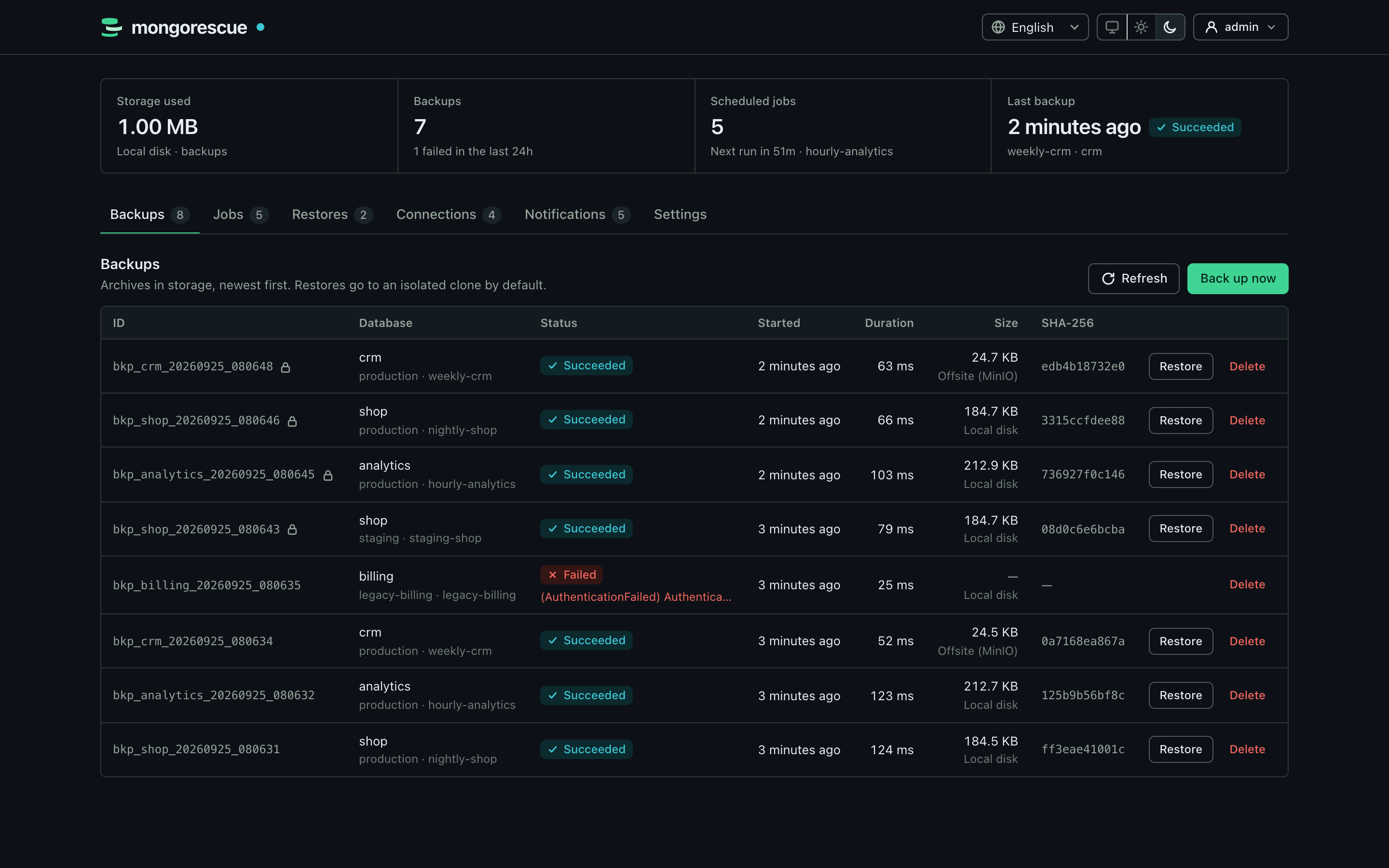 The MongoRescue dashboard listing recent backups